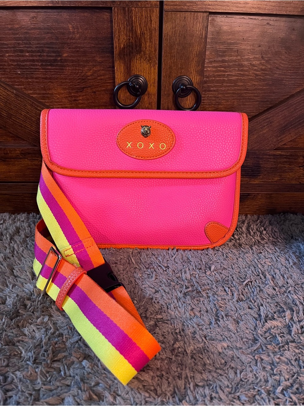 XOXO bengal Neon Pink bumbag with Orange Trim and Multicolor Strap
